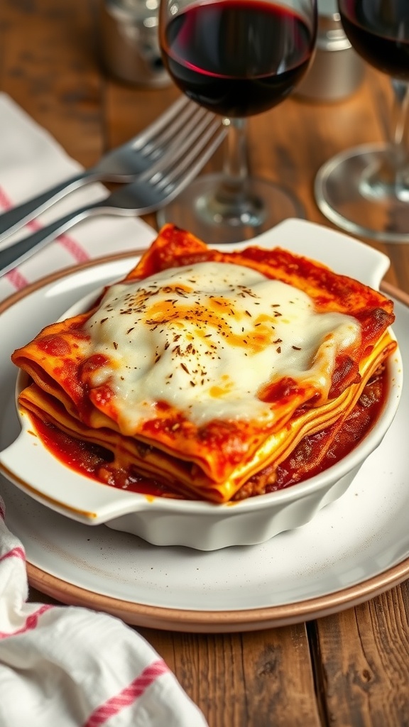 A serving of classic lasagna for two with layers of meat sauce and cheese in a small baking dish, accompanied by a glass of wine.